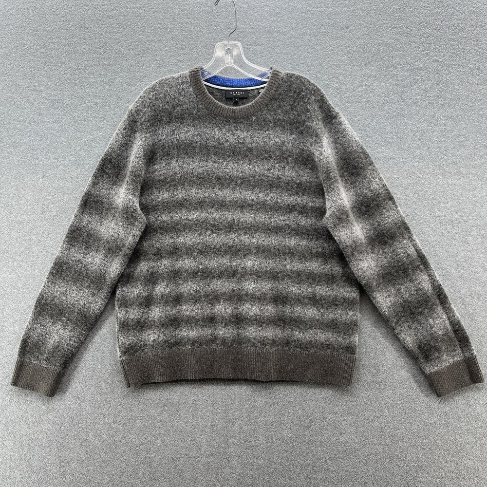 Ted Baker Sweater Mens XL Gray Striped Fuzzy Wool Blend Crewneck Pullover Knit